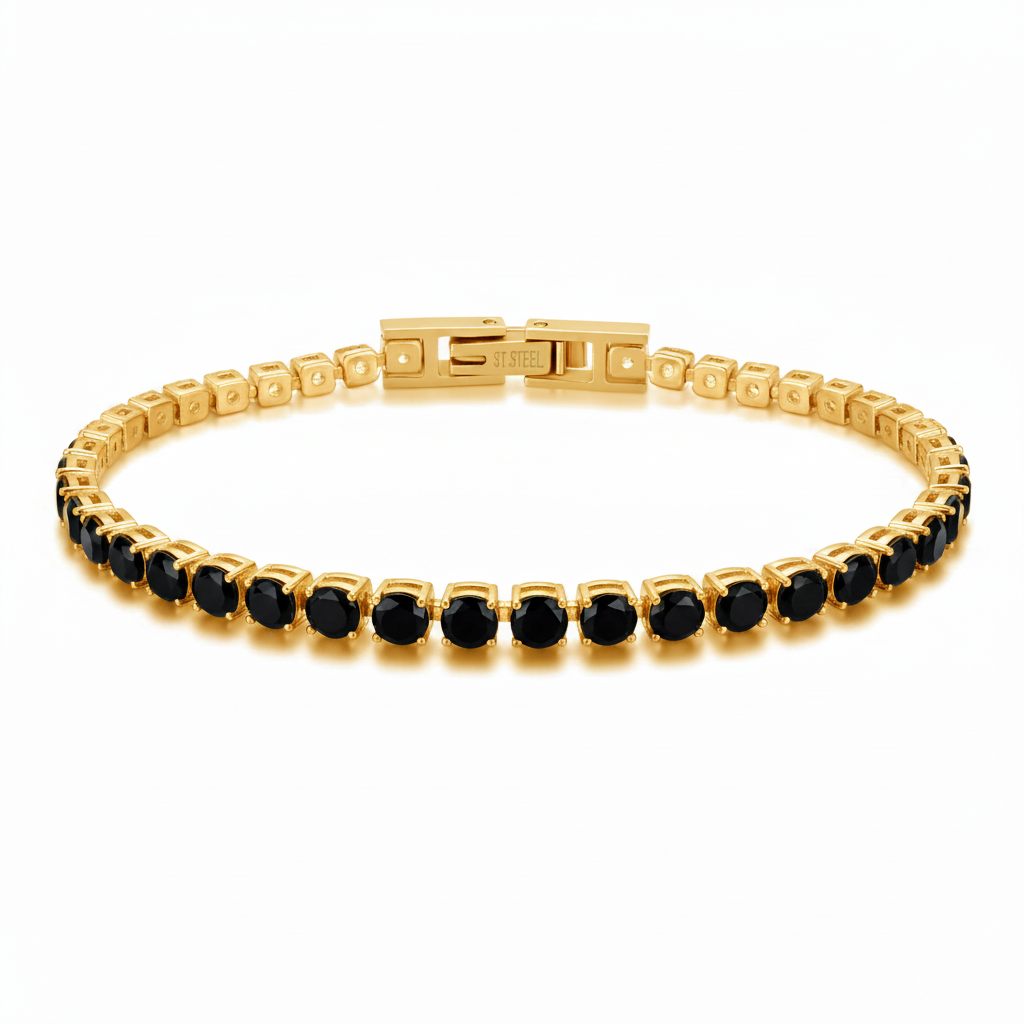 Gold Plated Black Stone Tennis Bracelet