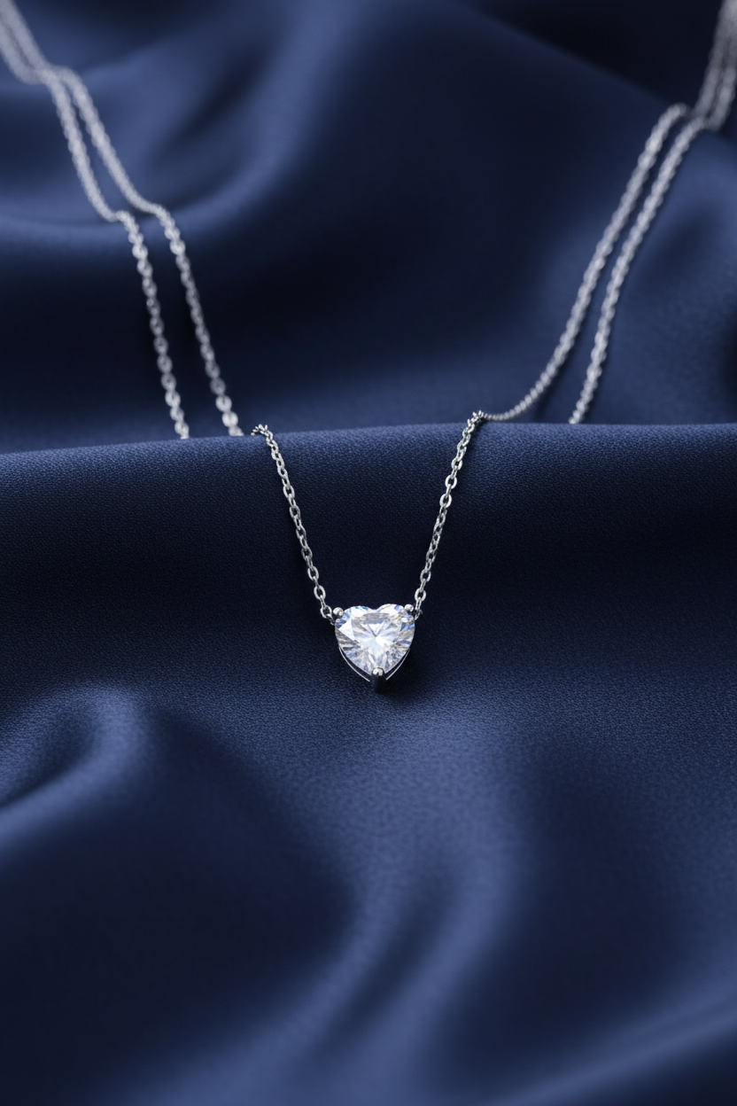 Heart Solitaire CZ Necklace – Navy Satin