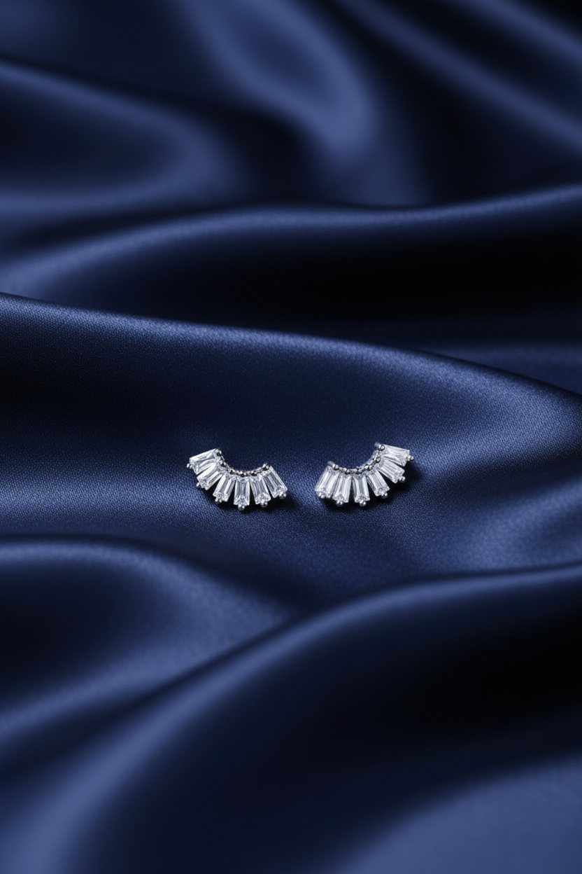 Baguette Fan Ear Climber Studs – Navy Satin