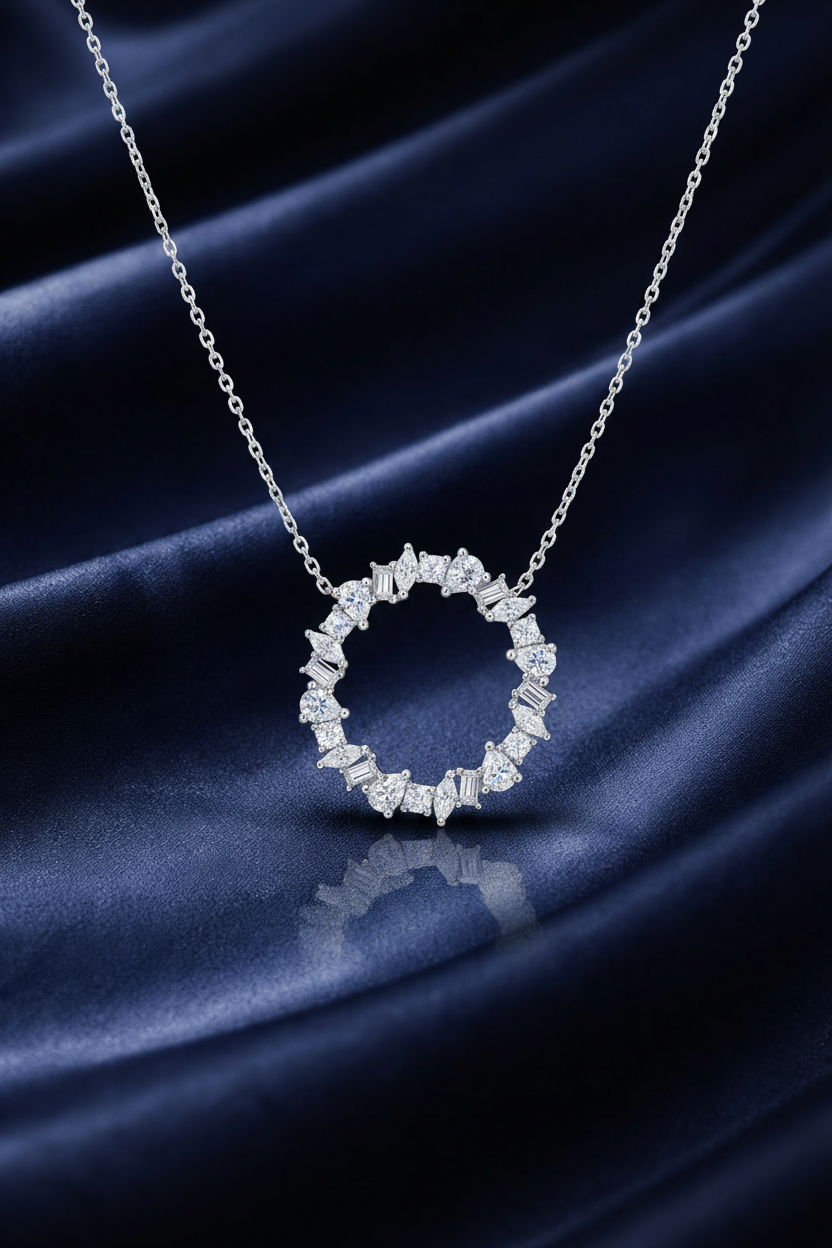 Mixed Cut CZ Circle Pendant Necklace in 925 Sterling Silver – Navy Satin