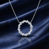 Mixed Cut CZ Circle Pendant Necklace in 925 Sterling Silver – Navy Satin