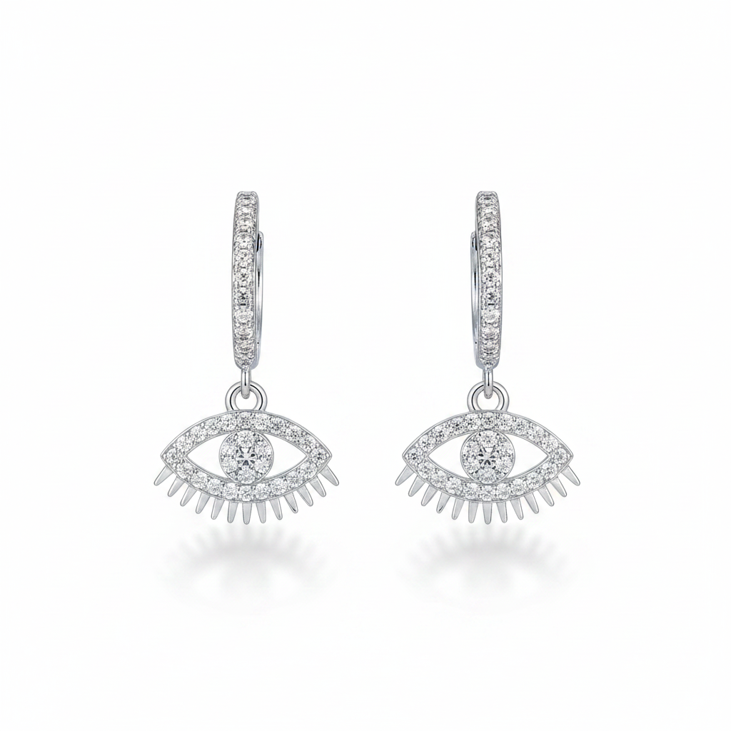 Evil Eye Charm Huggie Earrings – White Background