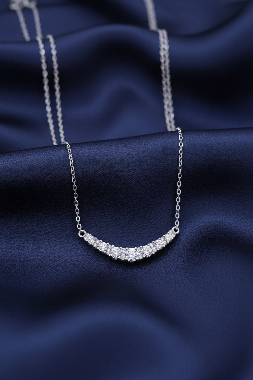 Curved Bar Pavé CZ Necklace – Navy Satin