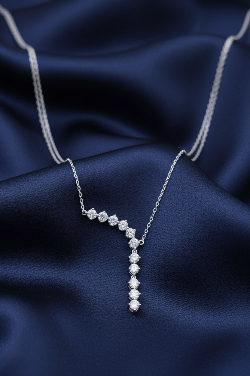 CZ Y-Lariat Necklace – Navy Satin