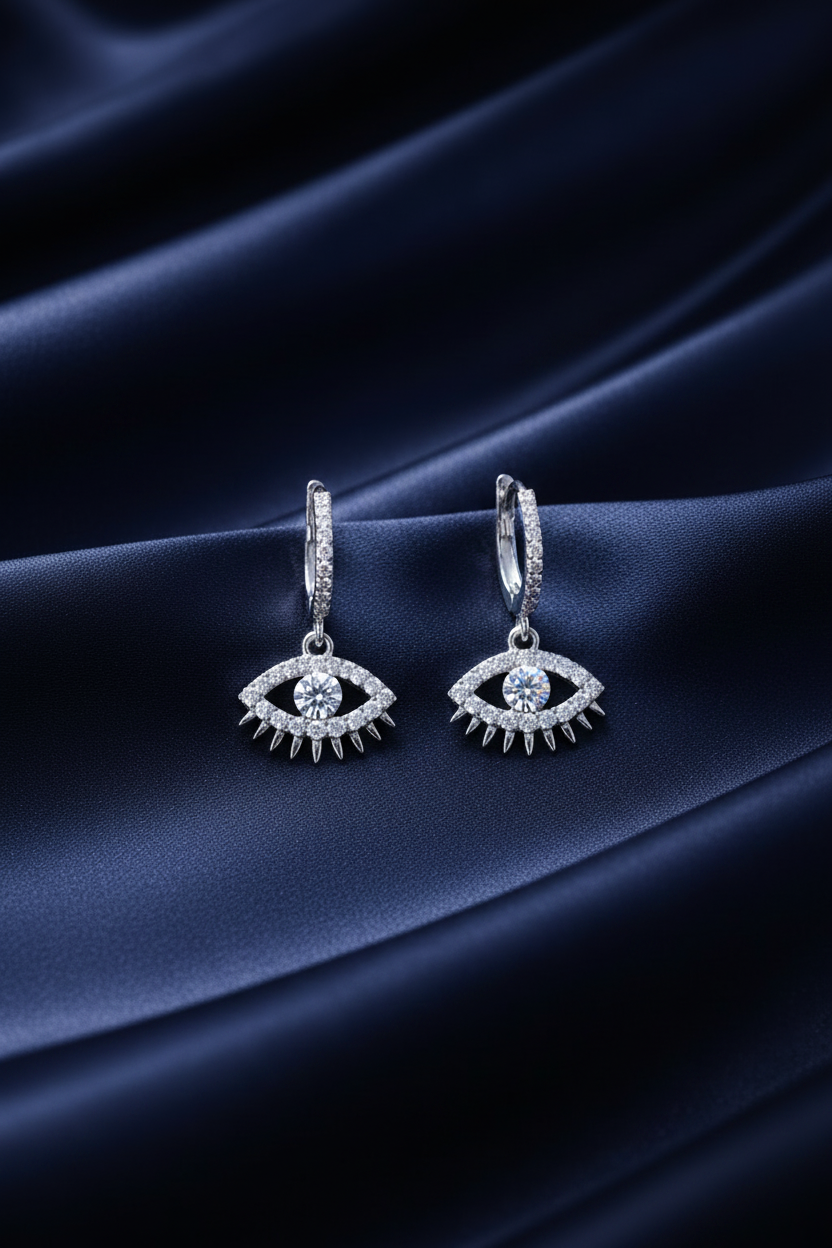 Evil Eye Charm Huggie Earrings – Navy Satin