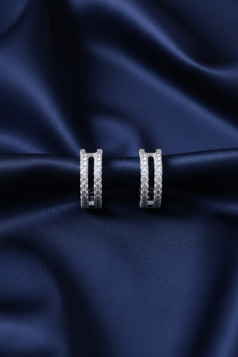 Pavé CZ Double Hoop Earrings – Navy Satin