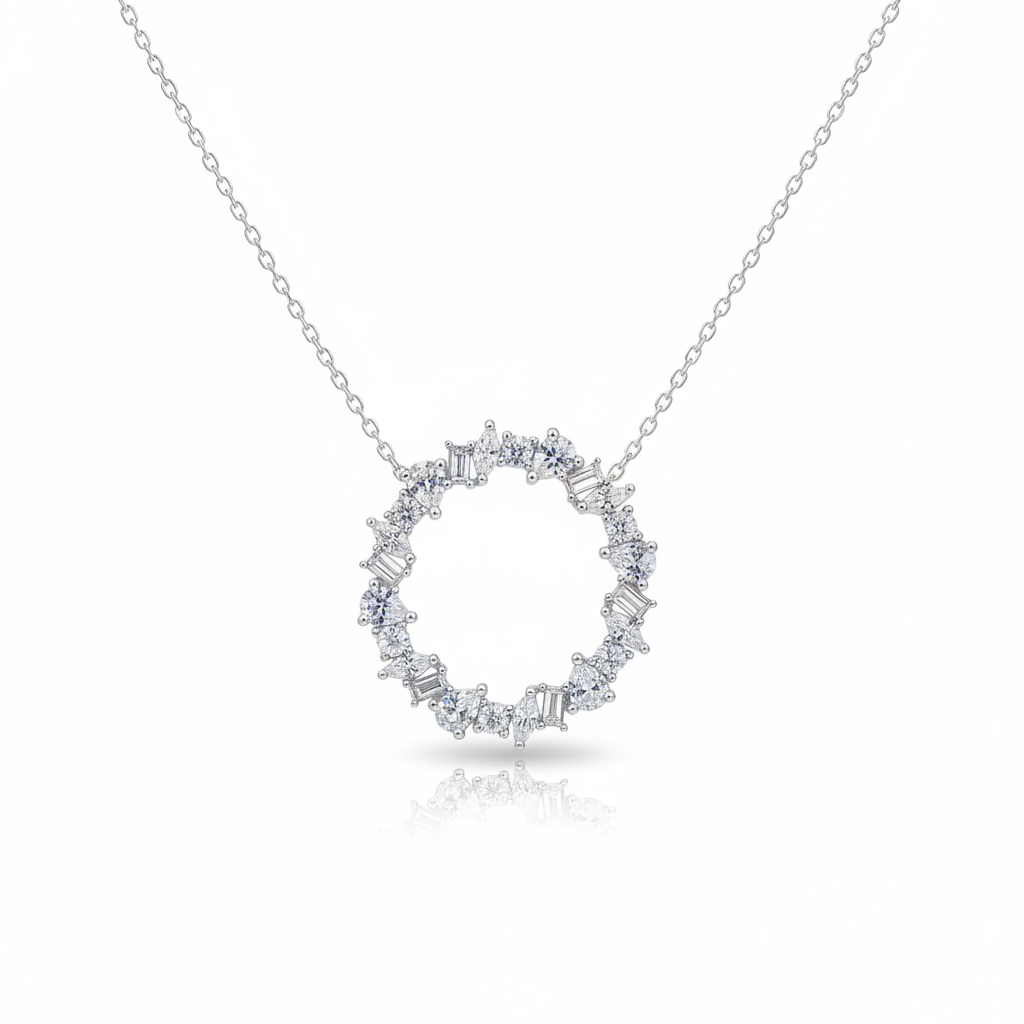 Mixed Cut CZ Circle Pendant Necklace – White Background