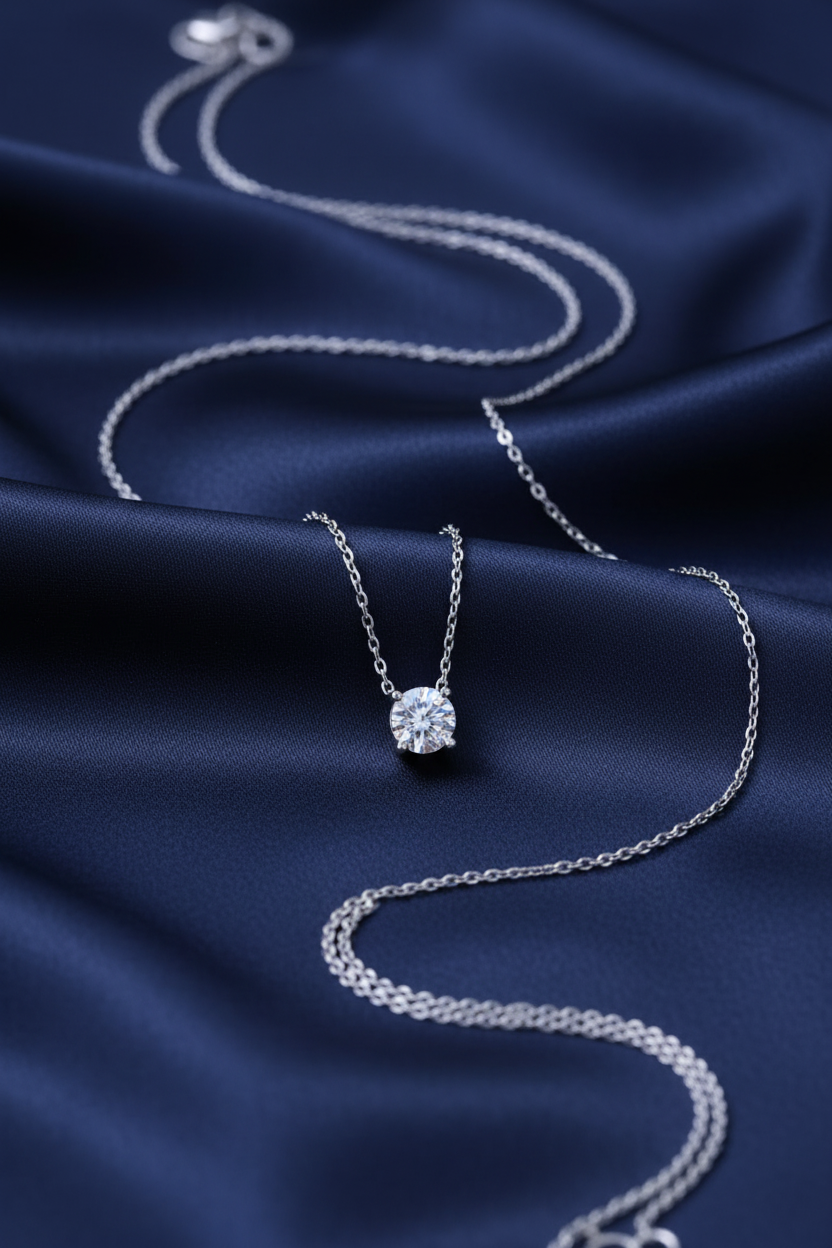 Round Solitaire CZ Necklace – Navy Satin